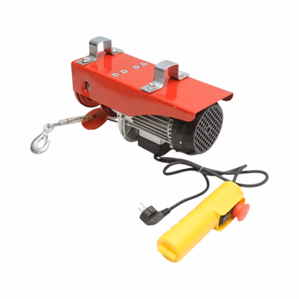 Paranco elettrico rosso con motore da 1150W, carico massimo 300/600kg, velocità 5-10m/min e altezza di sollevamento 6-12m, 220V/50Hz IP40 – 2