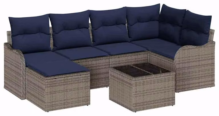 Set da giardino composto da 7 pezzi, colore grigio, realizzato in rattan sintetico