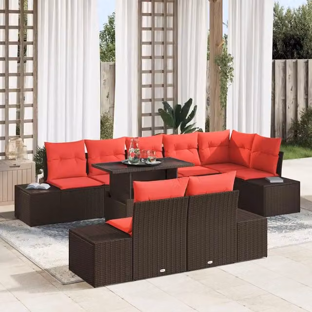 Set Divano da Giardino vidaXL 9 pz a Forma a U in Polyrattan Marrone con Cuscini e Tavolino da Caffè – 1