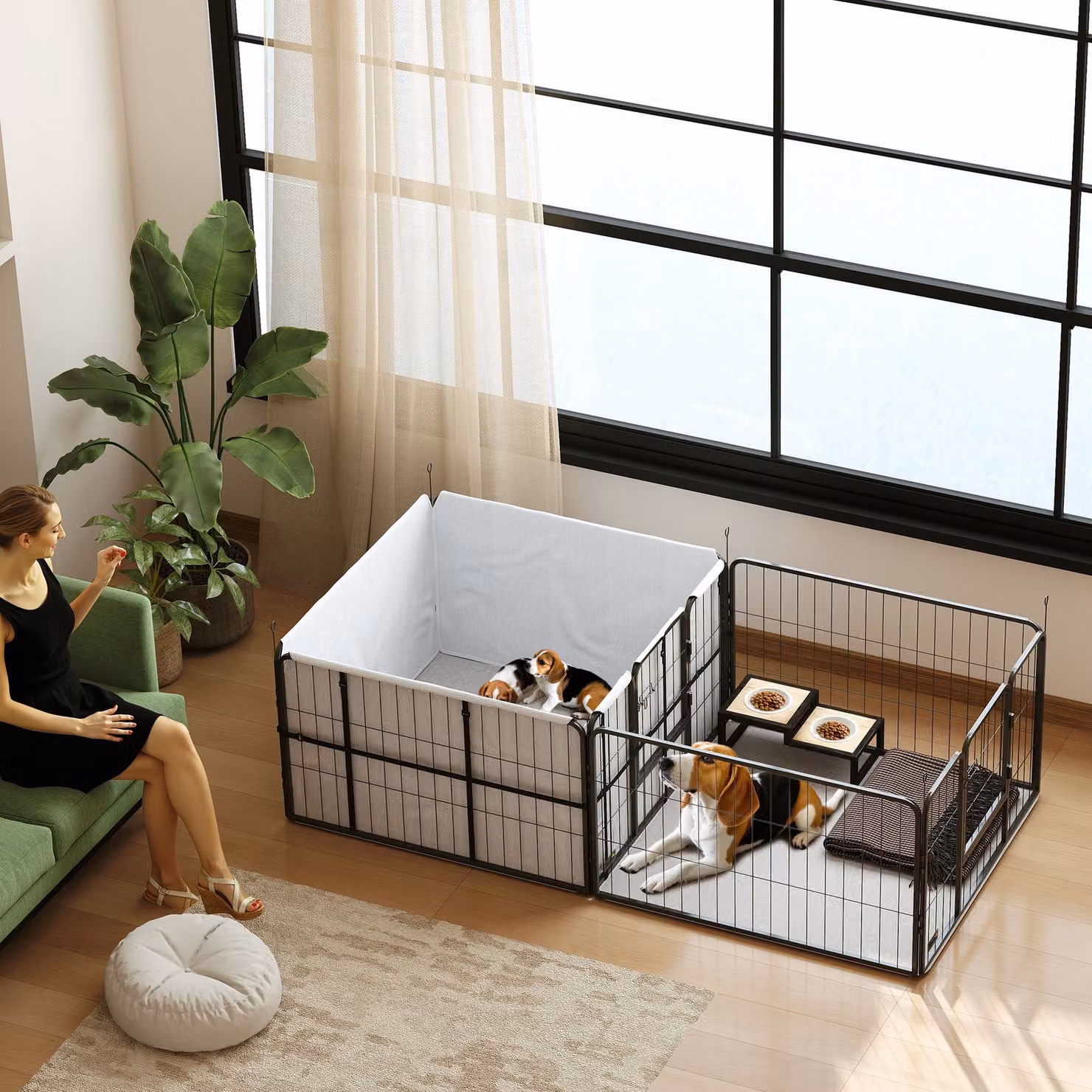 PawHut Box maternità per cuccioli con 7 pannelli e 2 sezioni, recinto per cani con tappetino lavabile, L: 203 cm, P: 102 cm, H: 60 cm, Nero – 2