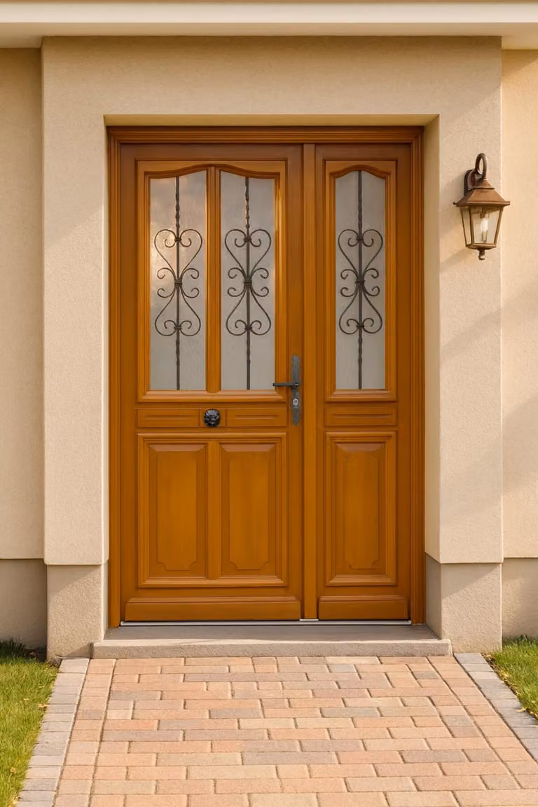Porta d'ingresso in legno a tre ante Carole H.215x140 cm con pannello laterale a sinistra GD MENUISERIES