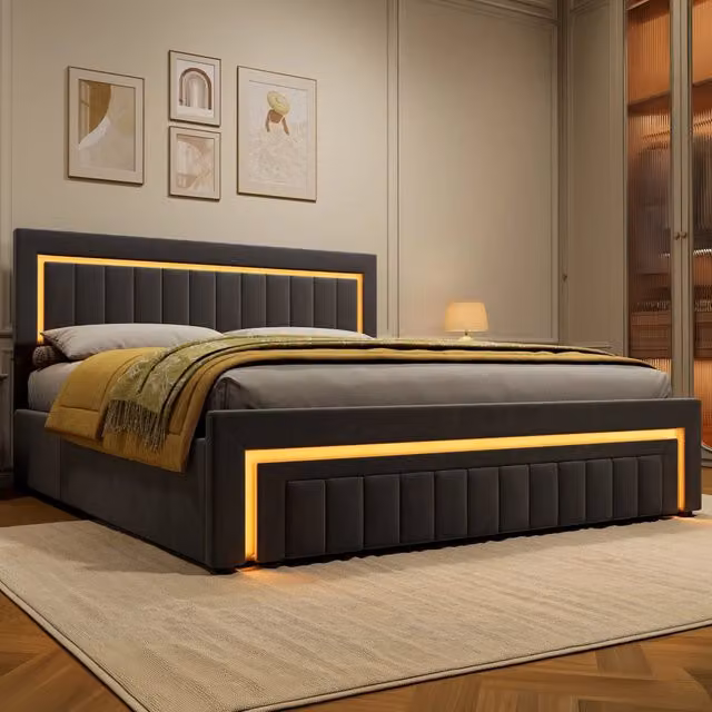 Letto imbottito; matrimoniale 180 x 200; con spazio contenitore; sistema di sollevamento idraulico; cassetti; senza materasso; colore grigio