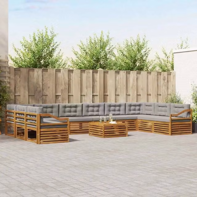 Set divani da giardino a L con tavolo vidaXL, 11 pezzi, Grigio, in legno di acacia trattato