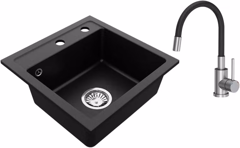 VBChome Lavello in granito 44 x 44 cm Nero con rubinetto flessibile Lavello da incasso a vasca singola Specchiato Lavello di facile manutenzione con sifone