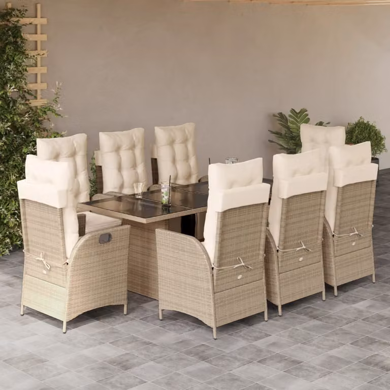 Set da Pranzo da Giardino 9 pz vidaXL in Polyrattan con Cuscini Beige e Piano in Vetro