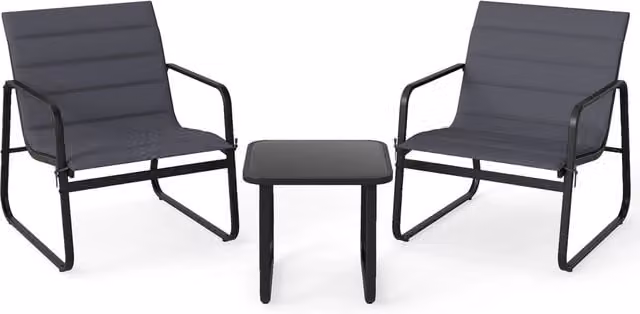 Set bistrò da esterno moderno 3 pezzi in acciaio verniciato nero con piano in vetro temperato e cuscini rimovibili – 1