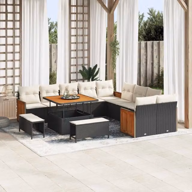 Set Divano da Giardino vidaXL 13 Pezzi a Forma di U con Cuscini, Tavolino e Pouf, Colore Nero e Beige – 1