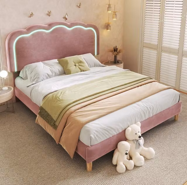 Letto imbottito con LED e testiera regolabile; 140x200 cm; velluto rosa