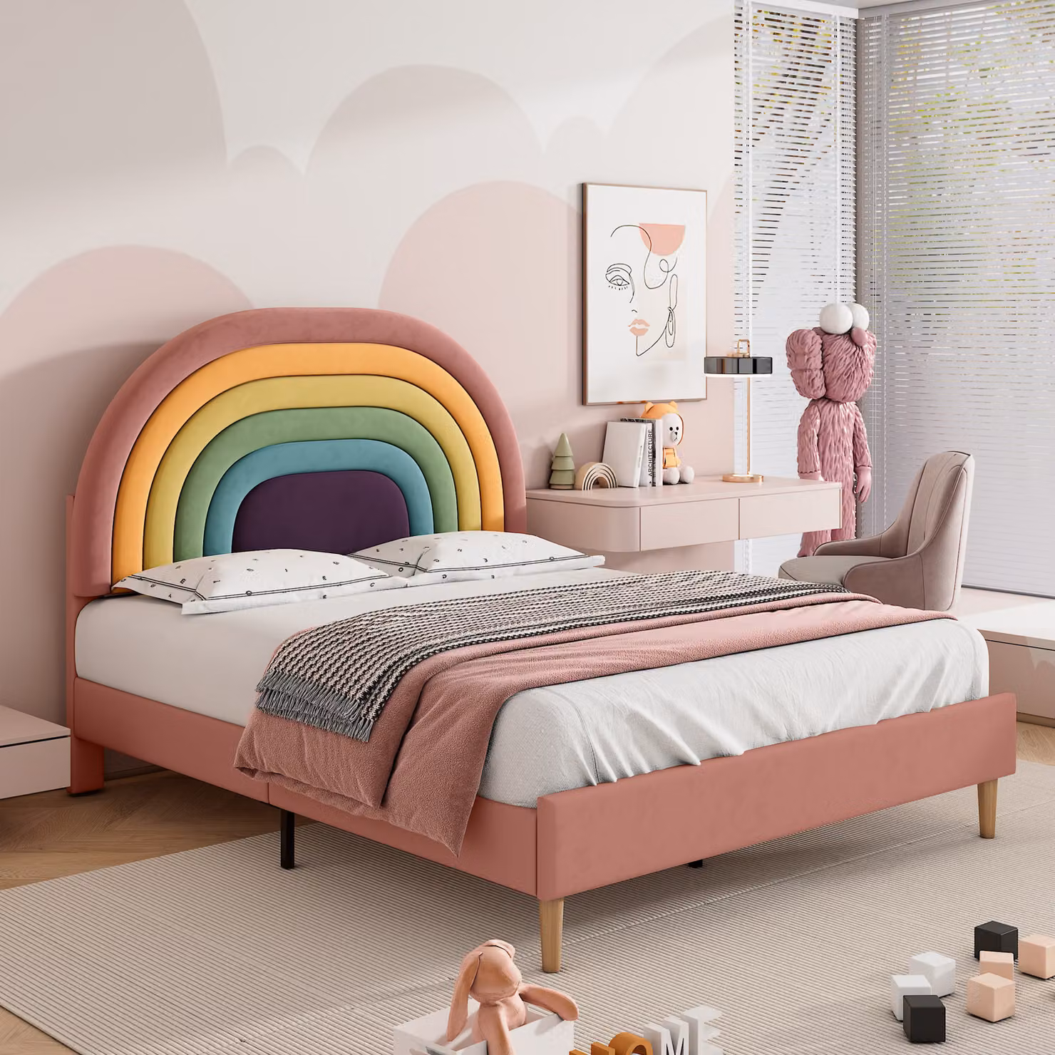 okwish Letto imbottito 140*200 cm, letto per bambini con rete a doghe e testata arcobaleno regolabile in altezza, per adulti e ragazzi, rosa