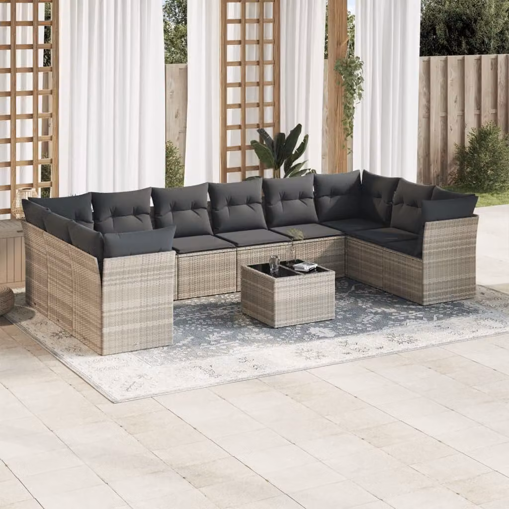 vidaXL Set Divani da Giardino 11 pz in Polyrattan Grigio con Cuscini e Tavolino da Esterno – 1