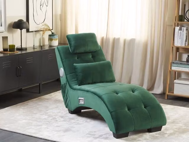 Chaise longue BELIANI in velluto verde smeraldo con altoparlante Bluetooth e caricabatterie USB, design moderno curvo L: 157 cm, P: 82 cm, H: 66 cm – 1