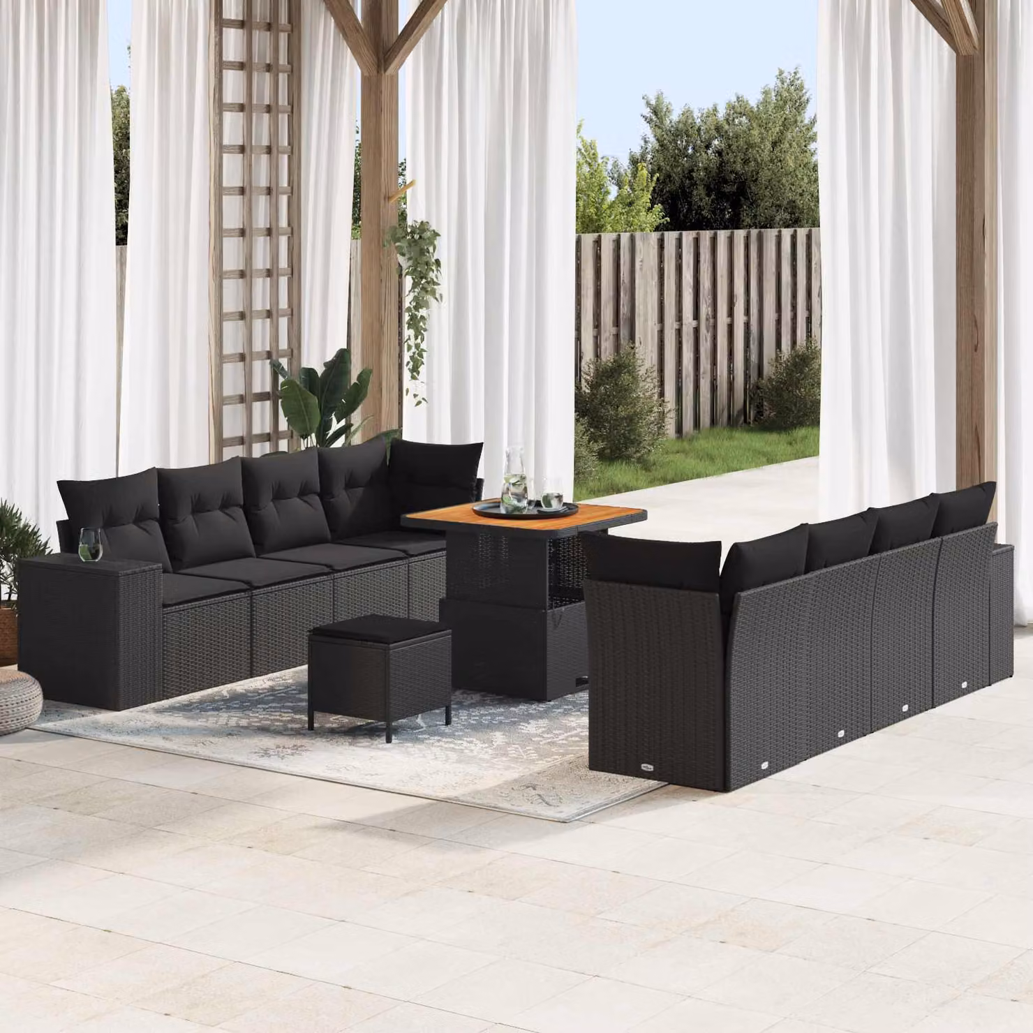 Set Divano da Giardino vidaXL 11 Pezzi Nero con Cuscini e Tavolino in Polyrattan e Acciaio – 1