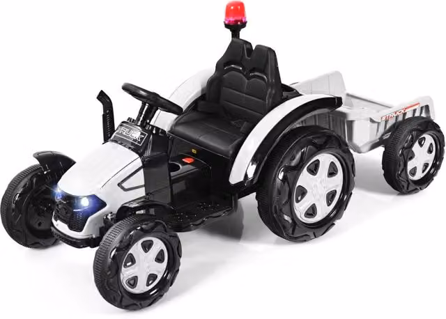 Trattore elettrico per bambini con rimorchio e telecomando, Trattore giocattolo con cintura di sicurezza Bianco