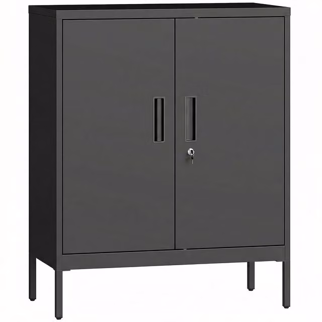 Armadio da ufficio HOMCOM in metallo nero con serratura, 2 ante e 2 ripiani, L: 80 cm, P: 40 cm, H: 100 cm – 1