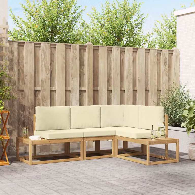 Set di divani da esterno a L vidaXL in legno di acacia con cuscini, Bianco, Beige e Marrone