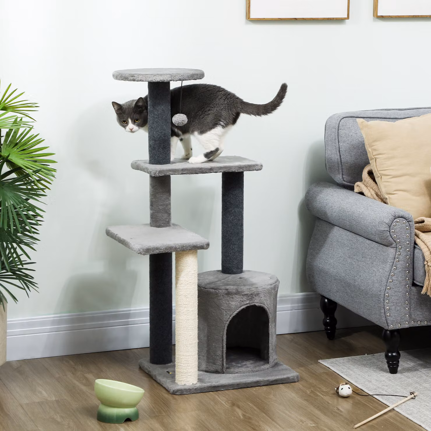 Albero per Gatti PawHut Multilivello con Casetta e Tiragraffi in Sisal, Grigio, Altezza: 103 cm – 2