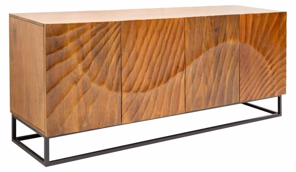 Buffet SILVA 177 cm in legno massiccio di mango intagliato – 4 porte e gambe in metallo nero