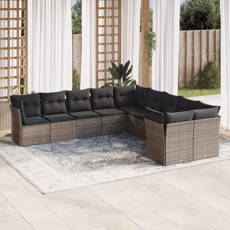 vidaXL Set Divano da Giardino 10 pz a Forma a L con Cuscini Grigio in Polyrattan e Struttura in Metallo