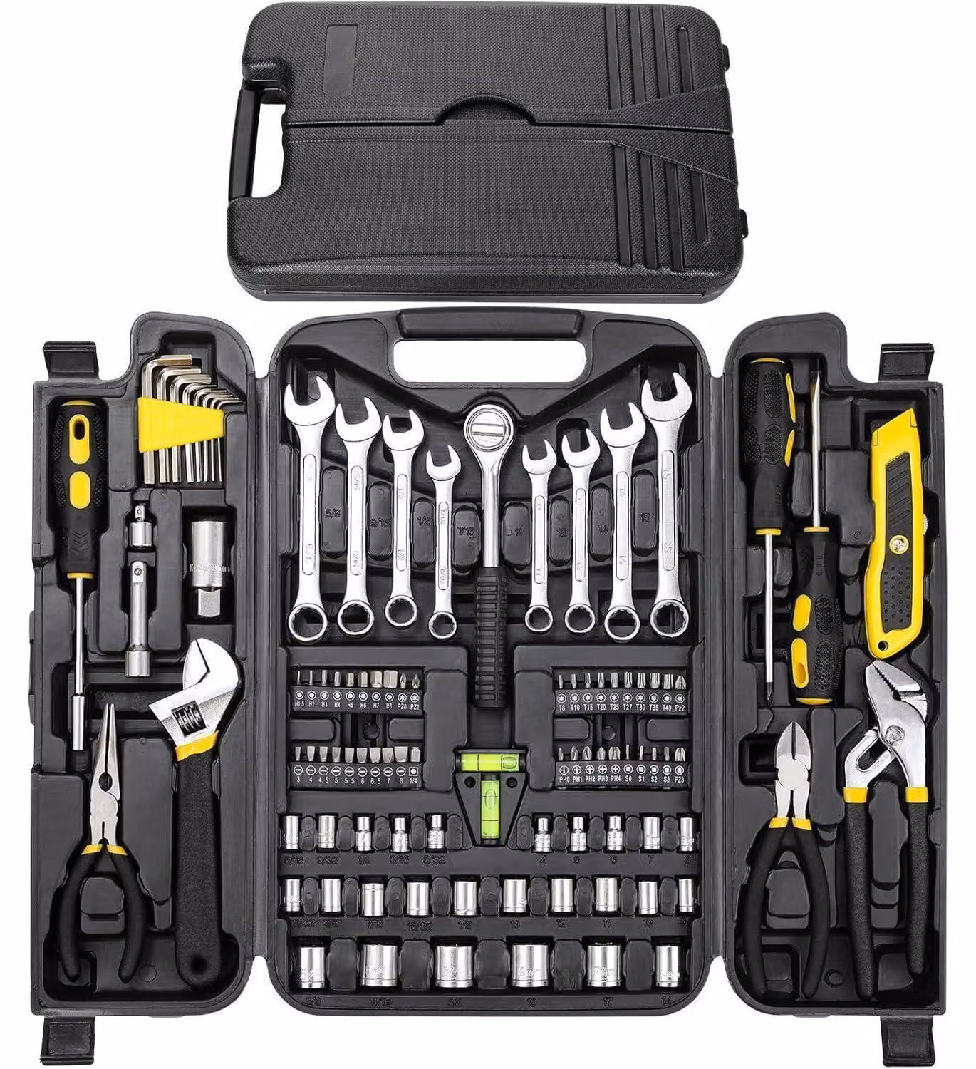 Kit di attrezzi da 95 pezzi, completo di cricchetto e set di chiavi a bussola, set di utensili per la casa, colore giallo