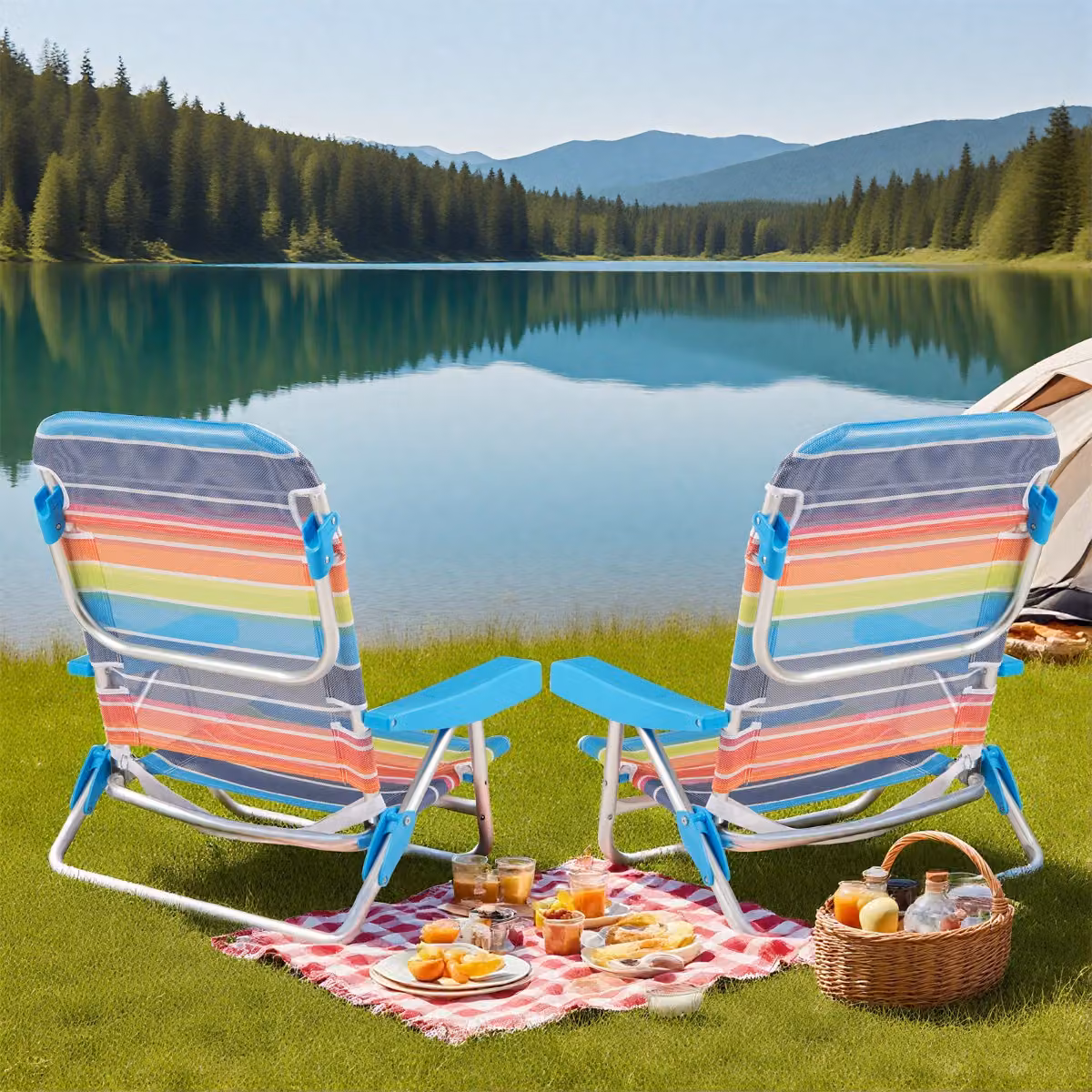Set di 2 sedie da picnic pieghevoli Costway con braccioli e schienale reclinabile a 5 posizioni in alluminio e tessuto textilene multicolore a righe