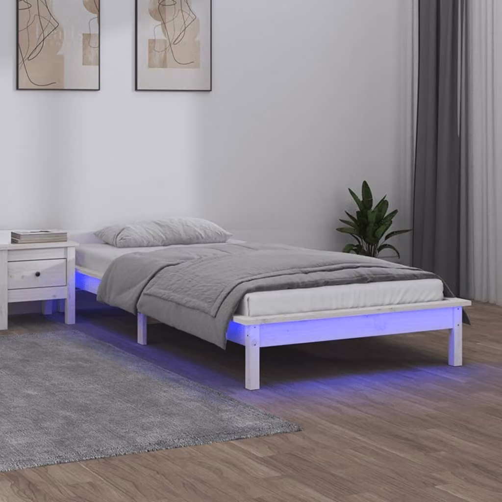 The Living Store Letto in legno massiccio con illuminazione a LED bianco 90x200 cm