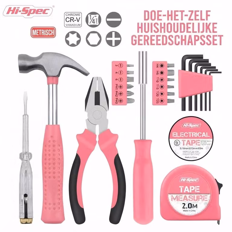 Set di attrezzi - 24 pezzi - Valigetta compatta - Rosa - Per piccole riparazioni