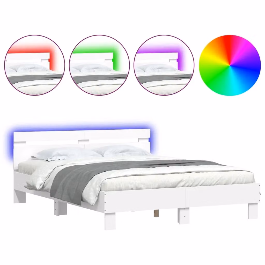 Letto con testiera e illuminazione LED vidaXL, colore bianco, con porte di ricarica USB e doghe in legno, L/P: 150 x 200 cm – 2