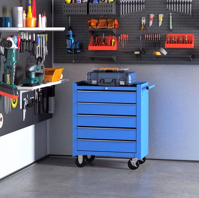 Carrello portautensili Qavryl in acciaio blu con 5 cassetti chiudibili e ruote L: 77 cm, P: 33 cm, H: 100 cm