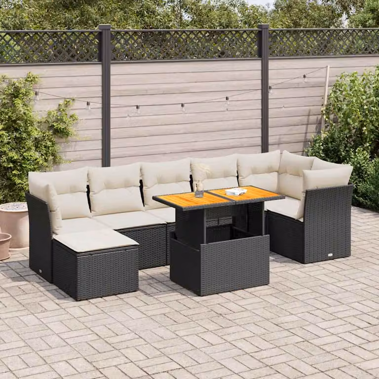 Set di divani da giardino vidaXL in polyrattan nero con cuscini e tavolino da esterno a forma di L