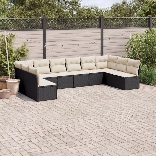 Set Divani da Giardino 10pz con Cuscini in Polyrattan Nero 3218086