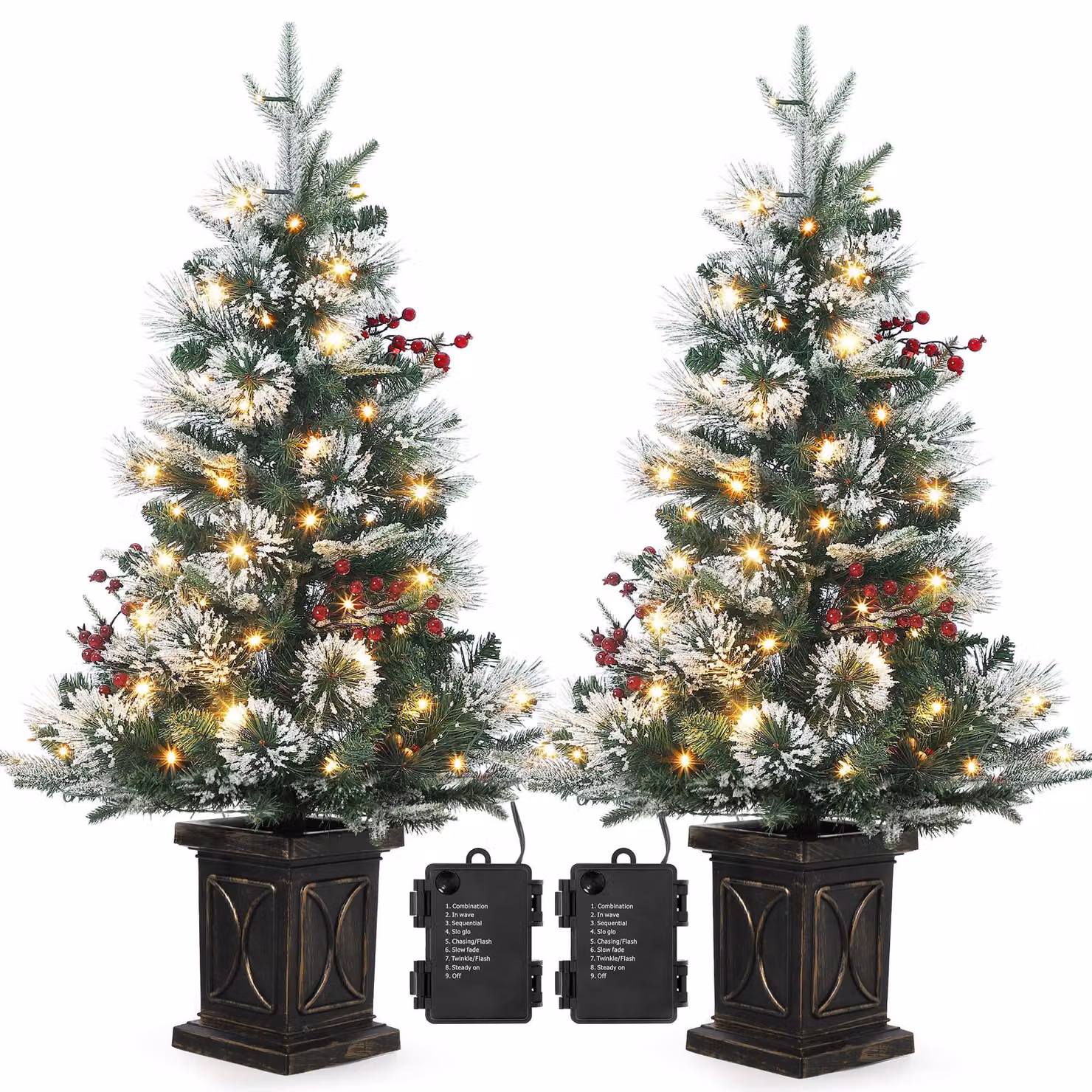 Set di 2 pezzi: Albero di Natale artificiale innevato, altezza 90 cm (3.0 piedi), con fusto denso simile a un abete/pino, illuminato con luci LED e con punte di aghi innevate. Montaggio a cerniera, supporto in metallo