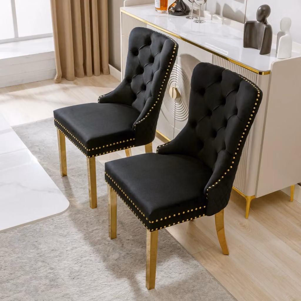 Sedia da pranzo Zephmum con rivestimento in velluto nero e gambe in acciaio inossidabile dorato – 2
