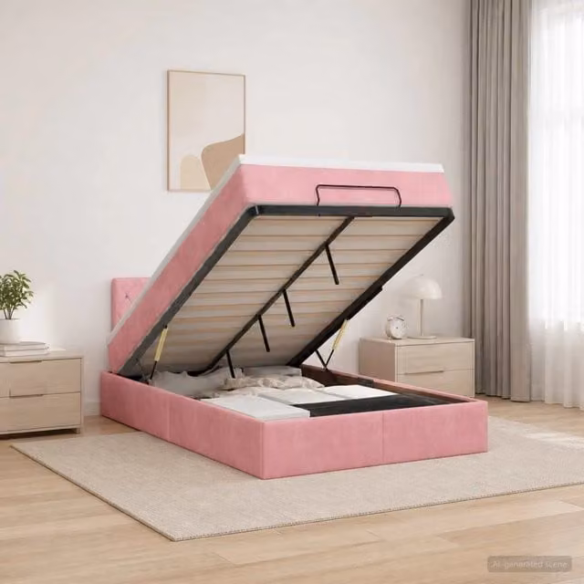 Letto ottomano con materasso ibrido vidaXL in velluto rosa e bianco L/P/H: 200 x 120 x 88 cm