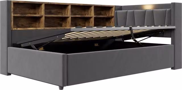 Letto imbottito multifunzionale 90x200 cm con contenitore idraulico, luce notturna, porte USB e Type-C, ripiani e testiera in velluto grigio scuro