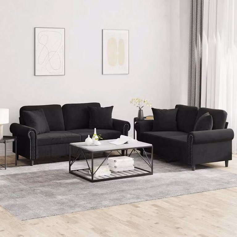 Set di 2 divani vidaXL in velluto nero con cuscini per soggiorno moderno