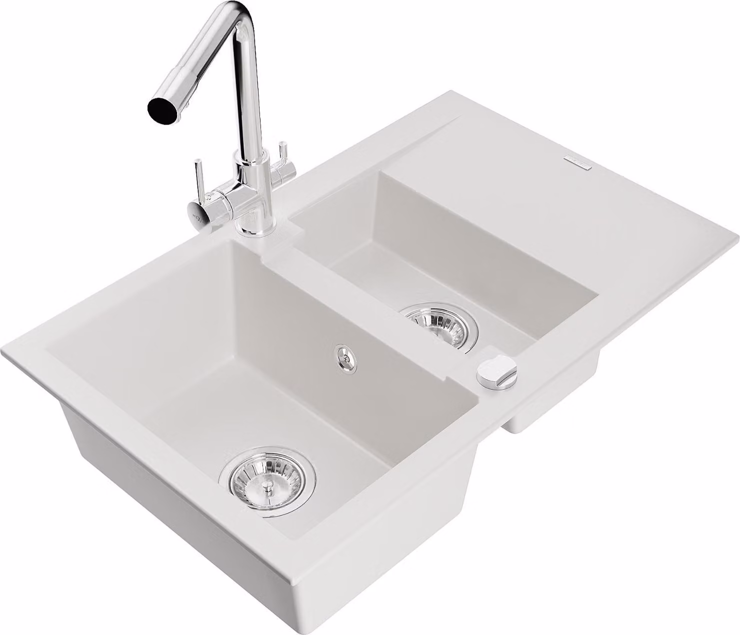 Mexen Gaspar lavello in granito 1,5 vasche con scolapiatti e rubinetto da cucina Duero, bianco - 6507-20-671600-00