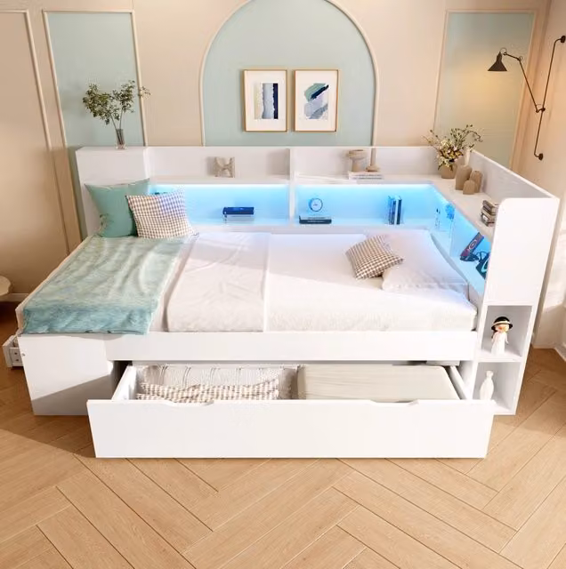 Letto singolo 90x200 cm con LED; USB e Type-C; cassetti e ripiani; bianco