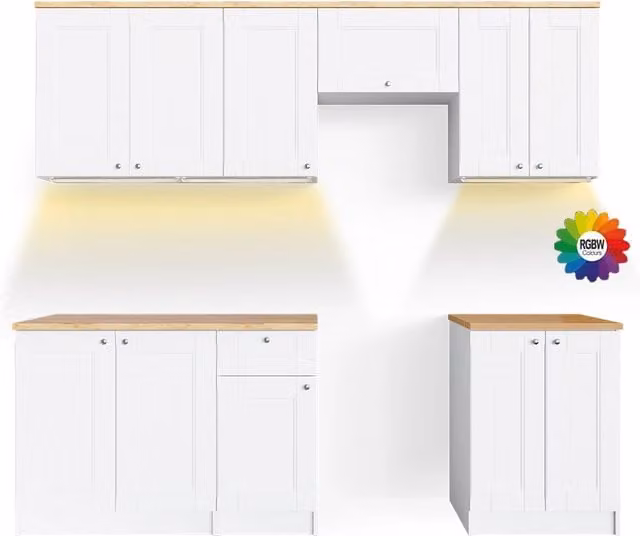 Cucina componibile Bergamo Vicco Bianco e Rovere dorato con striscia LED, L: 240 cm
