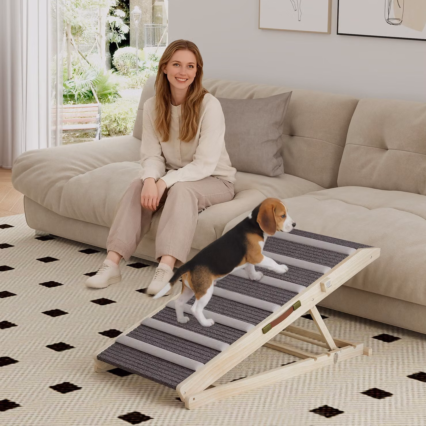 Rampa per cani PawHut in legno di pino con tappetino antiscivolo, pieghevole e con altezza regolabile da 35 a 50 cm, colore marrone e grigio – 2
