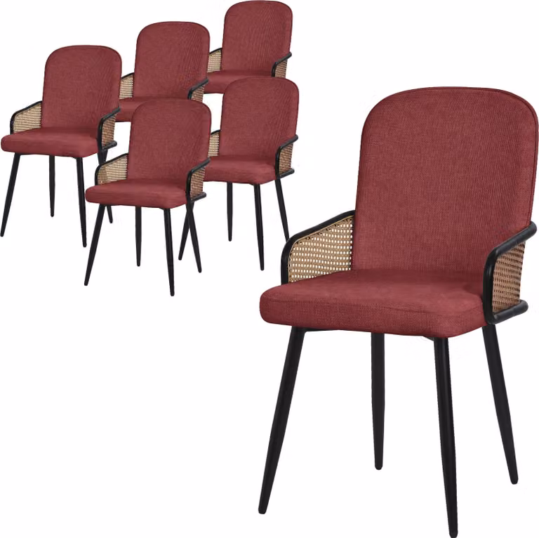 ML-Design set di 6 sedie da pranzo in tessuto rosso con braccioli in rattan Sedie imbottite con gambe in metallo Poltrona ergonomica
