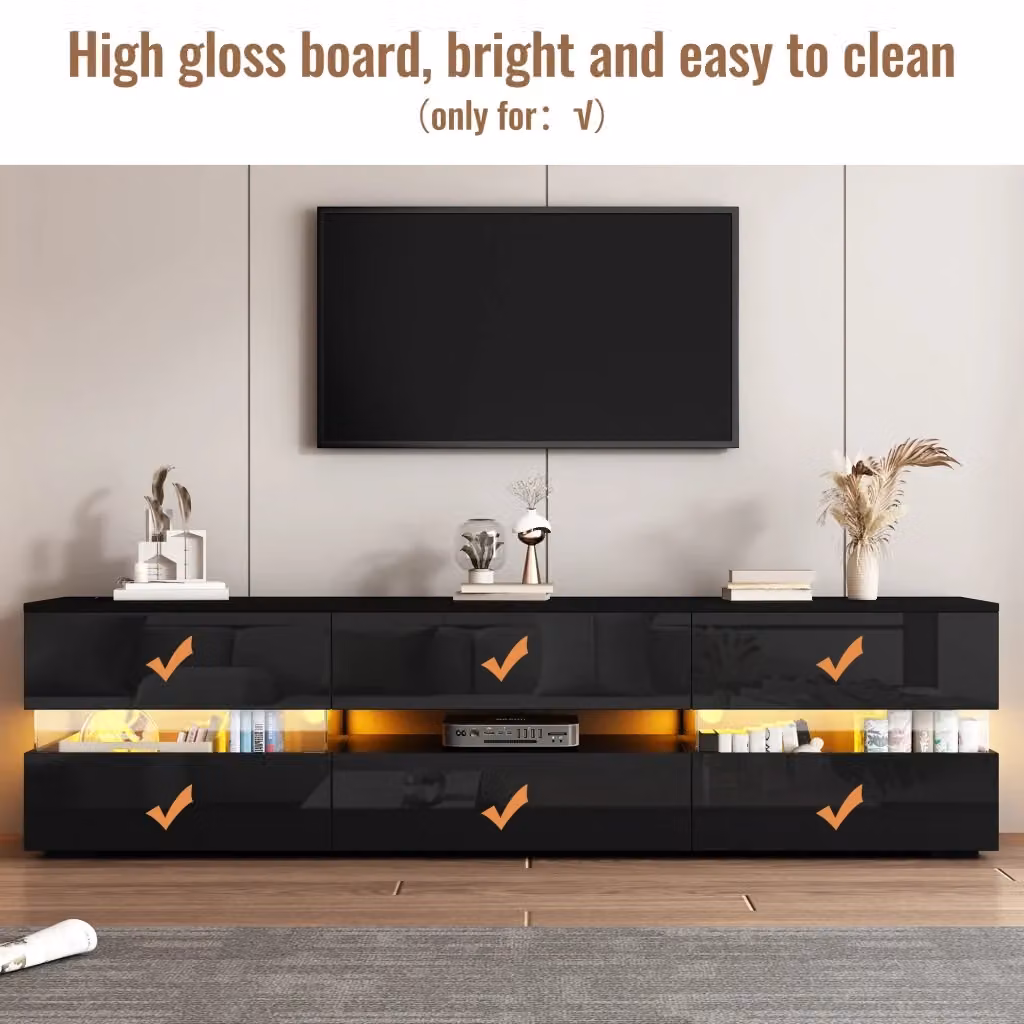 Mobile TV FOLYNA moderno in nero lucido con illuminazione LED integrata, 2 ante, 1 cassetto e vano aperto, adatto per TV fino a 70 pollici, L: 160 cm, P: 39 cm, H: 45 cm – 2