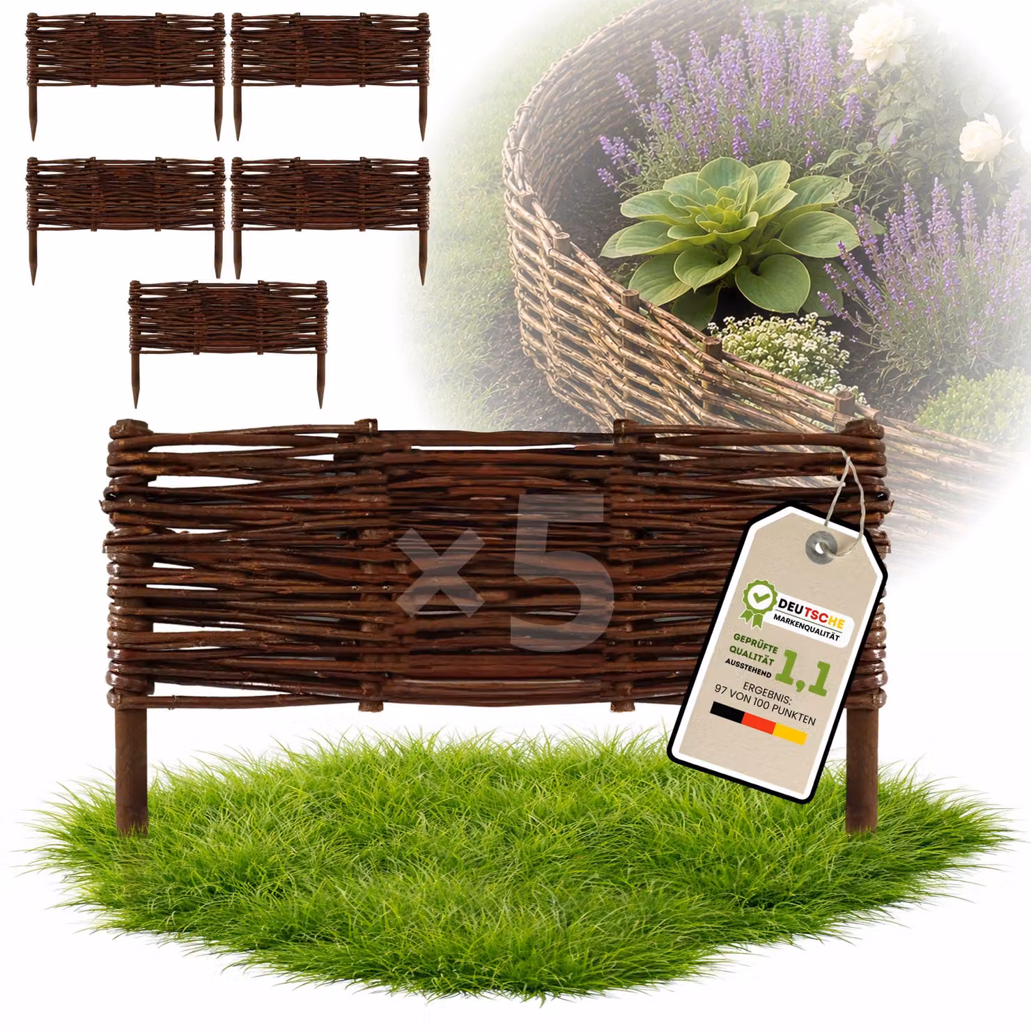 Floranica 5 pezzi Recinzione in vimini 20 cm x 40 cm – Staccionata da giardino intrecciata Palizzata Recinzione naturale Bordo aiuola