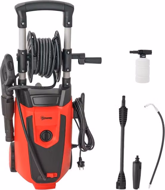 Idropulitrice Alta Pressione Outsunny 1800W con Angolo Regolabile e Stop Automatico Rosso Nero L/P/H: 30 x 27,5 x 76 cm