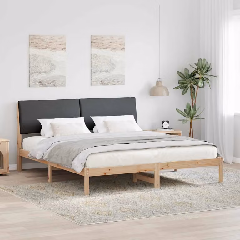 Struttura del letto moderna vidaXL in legno di pino e tessuto, marrone e grigio, 200 x 200 cm