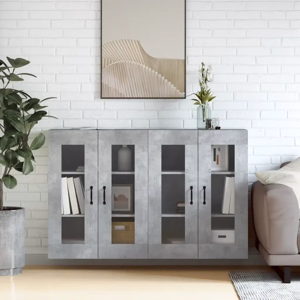 Set di 2 armadietti da parete DESIGN IN in legno e metallo con ante in vetro, colore grigio cemento, ideali per il bagno – 2