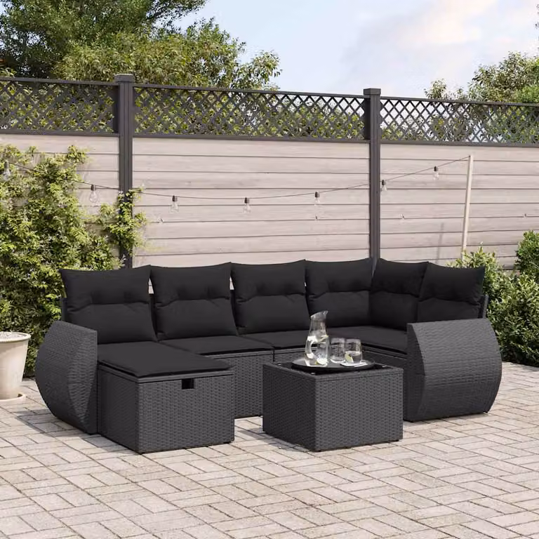Set Divani da Giardino a L vidaXL con 7 Pezzi e Cuscini Neri in Polyrattan e Metallo
