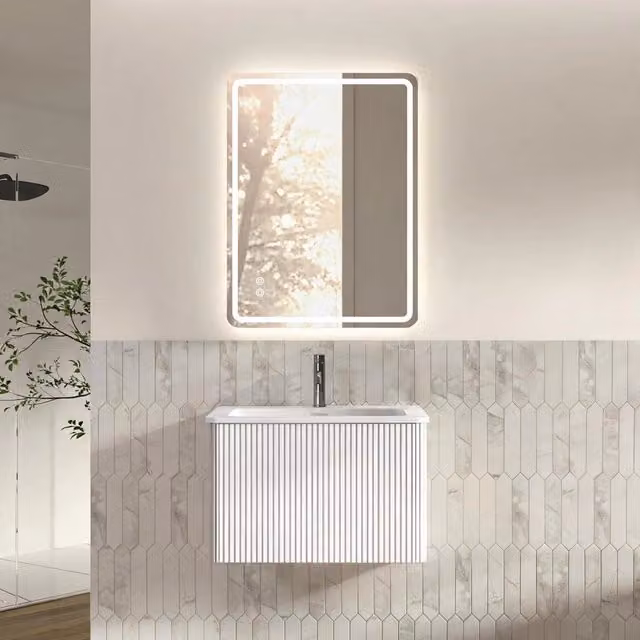 Set mobile bagno bianco: lavabo 60 cm con sottolavabo preassemblato e 1 cassetto, specchio LED orizzontale 60x80 cm senza cornice