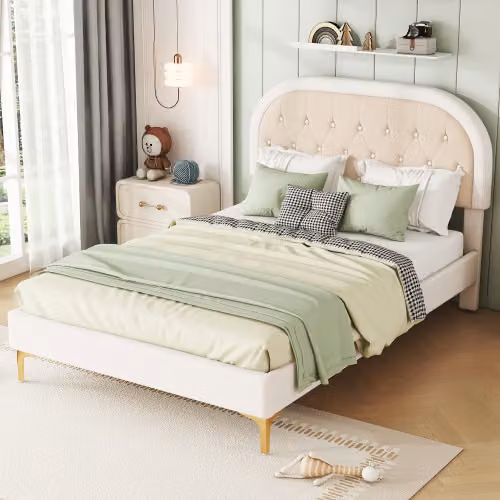 Letto imbottito AIORBER, 140x200cm, letto con rete a doghe, letto con piedini in metallo, velluto, testata curva, letto per bambini, per camerette, appartamenti, beige