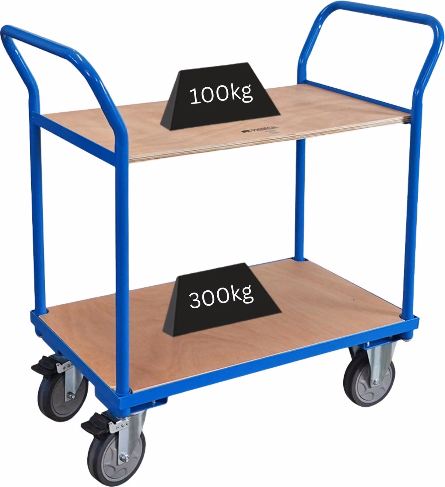 Carrello da tavolo professionale a 2 ripiani con 2 maniglie di trascinamento | A x L x P 102 x 100 x 50 cm | Portata 400 kg | Ruote in gomma piena, 2 ruote piroettanti con freno di stazionamento e 2 ruote fisse | Azzurro | Carrello di trasporto, carrello