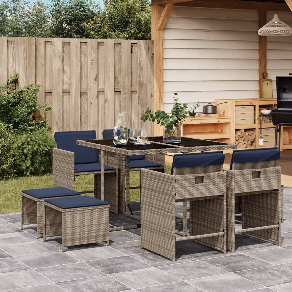 Set da pranzo da giardino vidaXL in polyrattan con cuscini e piano in vetro, 9 pezzi, Grigio
